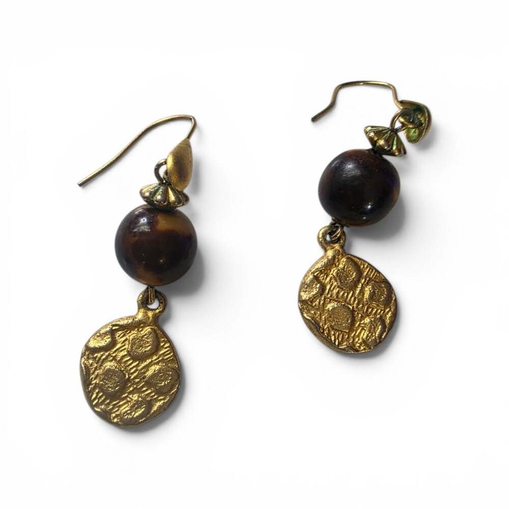 Artisan Gold-Tone Brass Disc and Faux Tortoise Bead Dangle Earrings